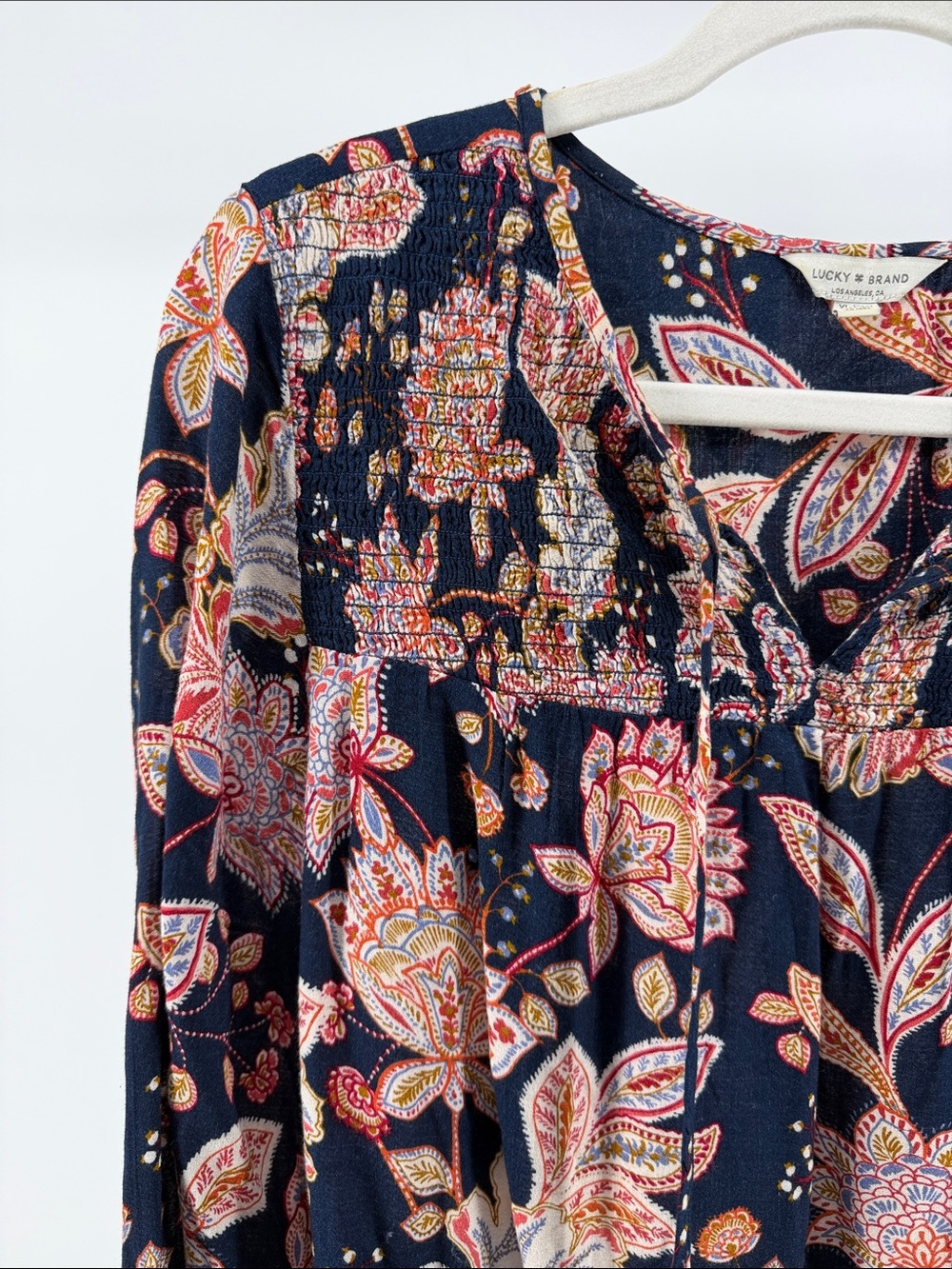 Lucky Brand Navy Boho Printed Tie Neck Long Sleeve Peasant Blouse, Women's XL - Picture 3 of 6